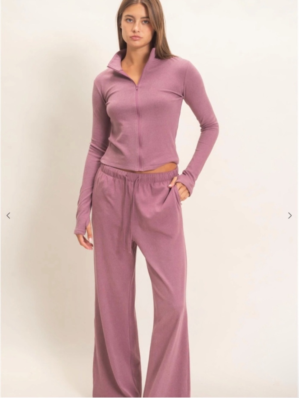 Double Zero Plum Zip-Up Top & Wide Leg Pants Set – Small